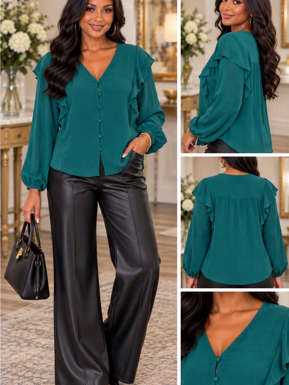 Nine West Emerald Green Ruffle V-Neck Button-Front Blouse